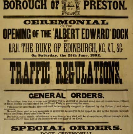 Traffic Regulations Poster, Preston 1892
Issued for the opening of the Albert Edward Dock. June 15, 1892