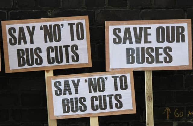 Bus protest placards outside Preston County Hall from the Save Our Bus Campaigners. See letter about the Orbital bus route