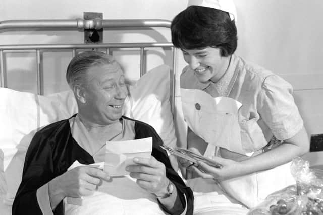 Lost Archives - glass plate negative
George Formby in Victoria Hospital, Blackpool where he was being treated for heart trouble in 1961
historical dated 28/01/1961