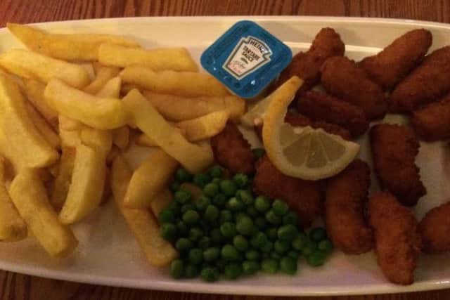 Scampi and chips from the Guild Merchant, Preston