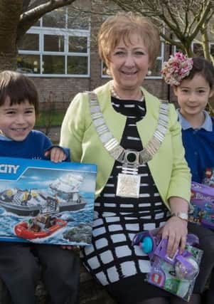 Pic cap: BUILDING A FUTURE  Ribble Valley Mayor Bridget Hilton and Whalley youngsters Kyle and Sia Gormley.