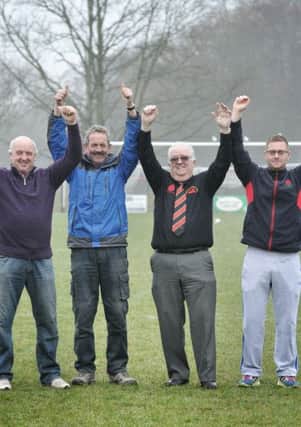 Picture by Julian Brown 12/03/16

Pictured left, Andy Walling, ex cricket club chairman, Mick Richardson, Chairman, Mal Abraham, football committee member and Allan Cook, cricket club chairman on the pitch

The Garstang Sports Club revamp is now almost finished after the Club was flooded recently.
