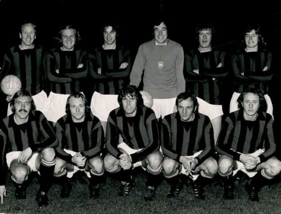 Alan Spavin, second from right bottom row, with an all-star line-up: Bobby Charlton, Franny Lee, Martin Buchan, Gordon Banks, George Ross, Willie Donachie,  Peter Thompson, Archie Gemmill, Geoff Hurst,  Mick Martin