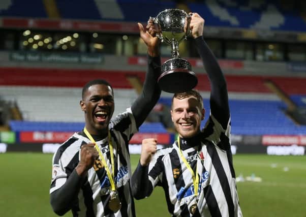 Darren Stephenson and Jake Cottrell with the Lancashire FA Challenge Trophy