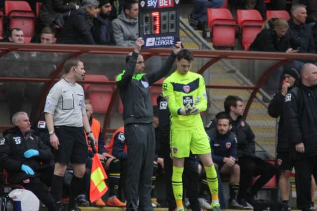 Kieran O'Hara enters the field at Leyton Orient after Barry Roche's red card.