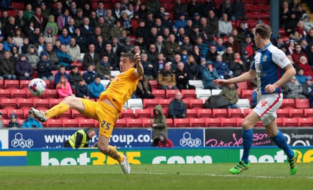 Preston North End's Jordan Hugill scores his side's second goal to make the score 2-1 against Blackburn