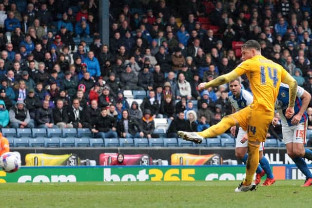 Preston North End's Joe Garner scores his side's equalising goal to make the score 1-1against Blackburn