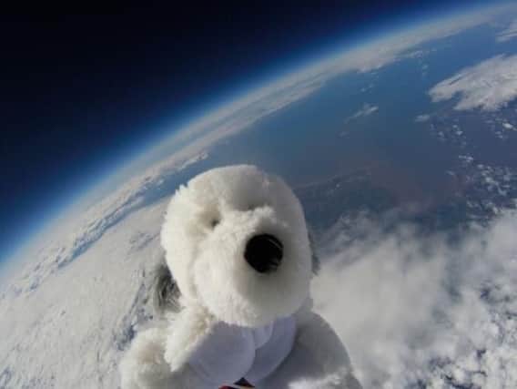 Sam the Dog reaches the edge of space after being launched by Morecambe Bay Primary School children near the Midland Hotel in Morecambe.