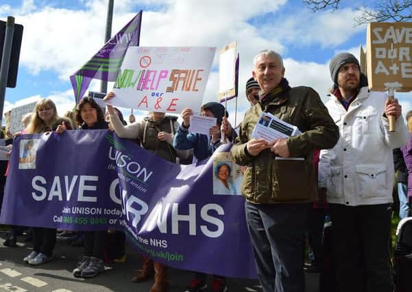 MP Lindsay Hoyle with protestors outside Chorley A&E. Picture by Mick Ellison