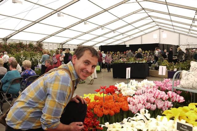 Matthew Smith of Brighter Blooms  celebrates winning a Premier Gold award at Harrogate Spring Flower Show 2016