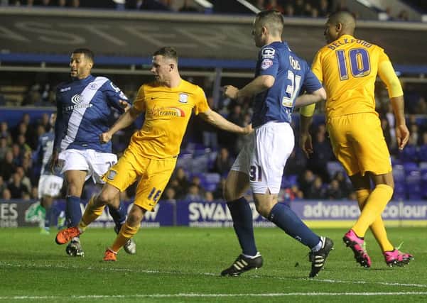 Alan Browne scores for PNE in their 2-2 draw against Birmingham last month