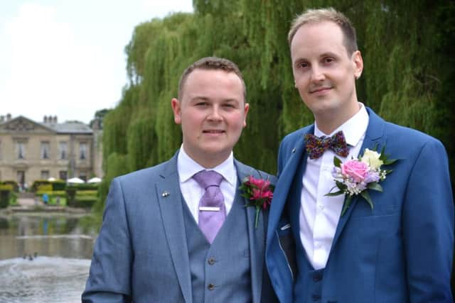 Jacob Hilll-Dodson on his wedding day to husband Adam two years ago.
Jacob fell into a pond on his way home from school at the age of six and was rescued by his eight-year-old sister Storm