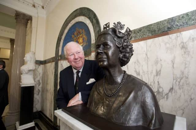Lord Lieutenant of Lancashire Lord Shuttleworth with a bronze sculpture of the Queen