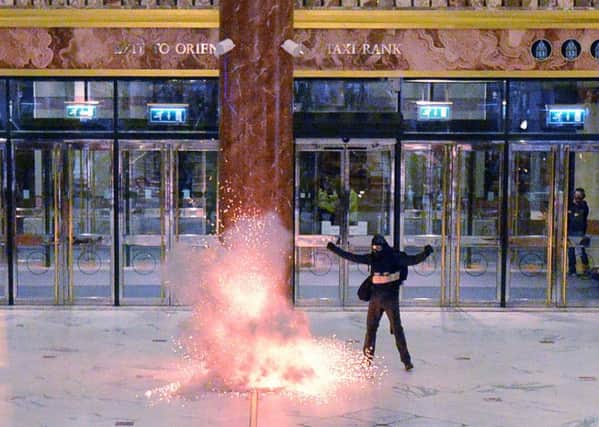A person playing the role of suicide bomber detonates an explosive during an exercise at the Intu Trafford Centre in Trafford, Manchester, where police have joined forces with other agencies during a simulated terror attack to test the emergency response to a major incident