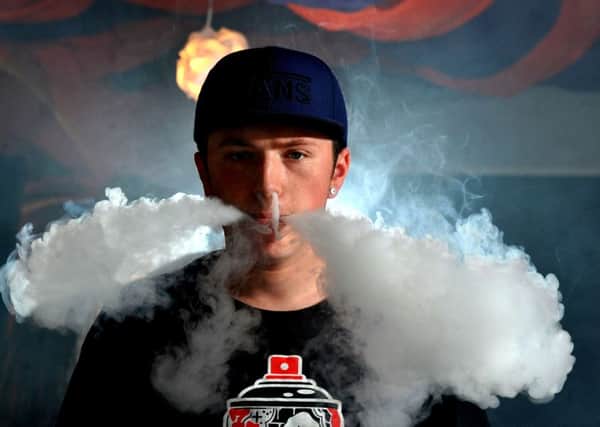 Photo Neil Cross: Jack Slinger vaping at Up In Smoke -E-Cigs & Vapour Lounge, Morecambe