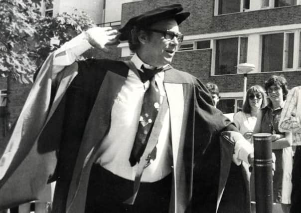 Eric Morecambe receiving an honorary degree in literature from Lancaster University in 1979
