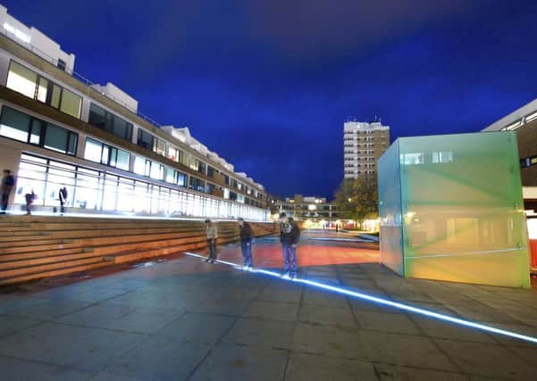 Lancaster University at night.