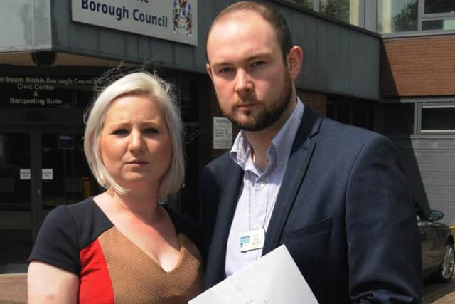 LEYLAND 23-05-16
Coun Claire Hamilton and Coun Paul Wharton pictured outside Leyland Civic Centre, they are calling for the council leader to resign.