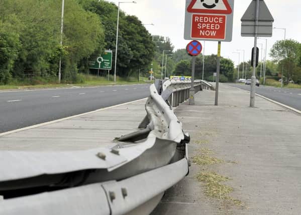 The damaged barrier at on the A59 at Walmer Bridge