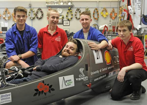Alex Brooker visits students at UClan to promote the Shell Eco marathon.  He is pictured with Liam Kenyon, Peter Sullivan, Connor Shorrock and Christopher Lovell-Smith.