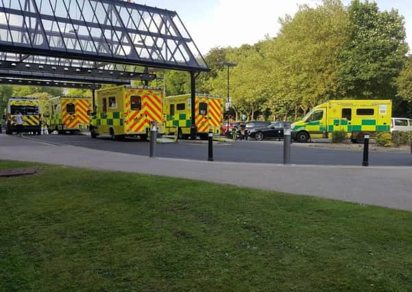 Ambulances queuing outside Wigan A&E after patients from Chorley A&E were diverted there. Pictures send in by Andrew Brooks