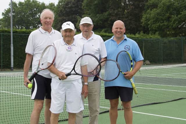 90 y old George Ramsden still playing tennis. Pictured wiith pals on court on his 90th birthday