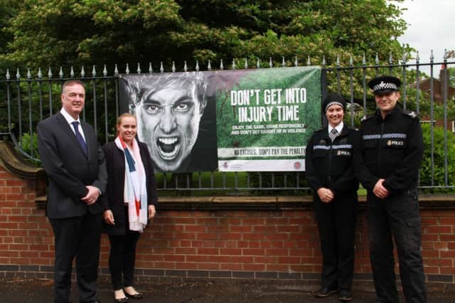 (left to right): PCC Clive Grunshaw, reporting officer at Kick It Out Anna J?nsson, PC Aieysha Bana, diversity officer, and DS Paul Smart, football risk management officer CREDIR: Lancashire Police
