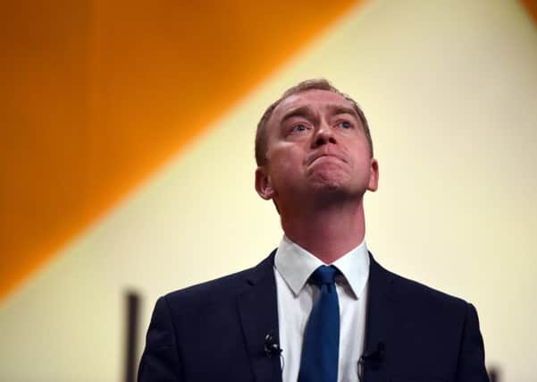 Liberal Democrat leader Tim Farron delivers his speech to delegates on the final day of the the party's spring conference at the Barbican, York.