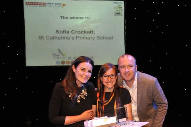 Primary School Pupil of the year Sofia Crockatt with Lisa Pearson and Jamie Truelove from Blackpool Tower at the Lancashire Evening Post Education Awards