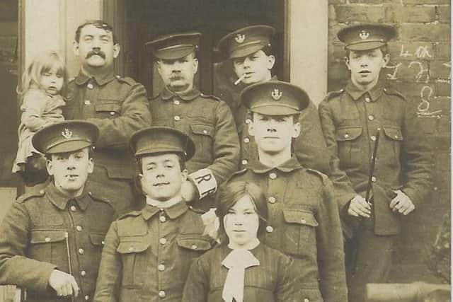 Lance Corporal Richard Coupe of the Loyal North Lancashire Regiment (back row with cigarette) and friends