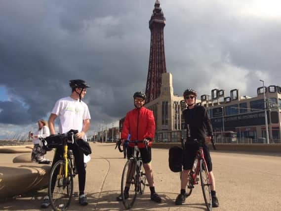 Gavin Richardson, Ryan Greenhalgh and Robert Leigh cycle from Blackpool Tower to Eiffel Tower for Derian House