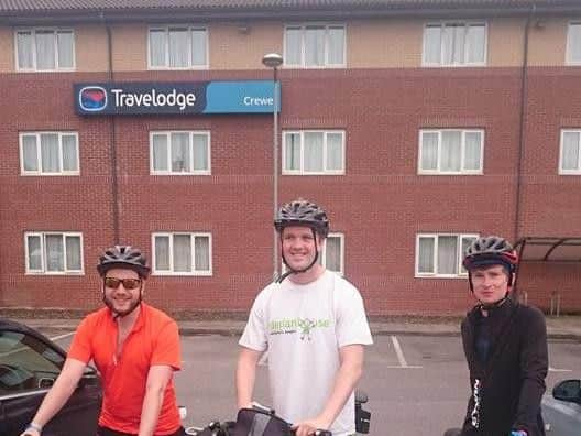 Ryan Greenhalgh, Gavin Richardson and Robert Leigh cycle from Blackpool Tower to Eiffel Tower for Derian House