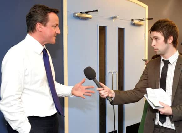 Pictures Martin Bostock
David Cameron talking to Gazette reporter 
Joe Robinson at the Marine Hall Fleetwood.