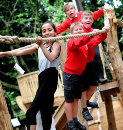 Youngsters from local primary schools plus nearby residents were invited to the opening of Salisbury Hall's latest attractions. The children got the chance to eat at the new Wafflery and then play on a wooden climbing feature based on the Mayflower ship and a mini Salisbury Hall. Youngsters play on the climbing ropes. Picture by Paul Heyes, Tuesday July 12, 2016.
