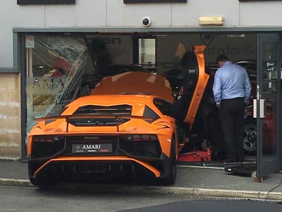 The 150,000 Lamborghini after it smashed into the showroom