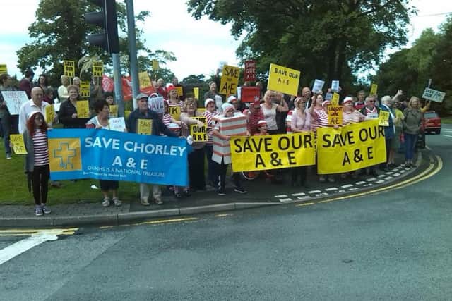 Protestors outside Chorley A&E department  in Chorley where Joan Carpenter fell and then had to be taken 15 miles to an A&E in Preston.