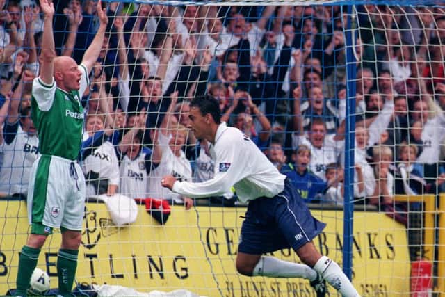 Kurt Nogan celebrates scoring PNE's third goal against York in August 1998