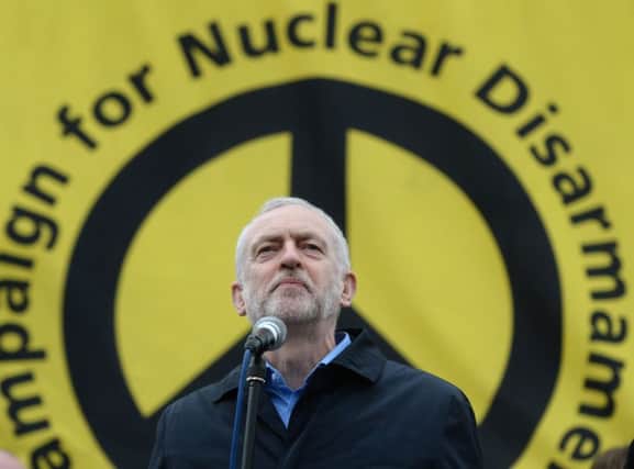 Labour leader Jeremy Corbyn addresses protesters at a Stop Trident protest rally in Trafalgar Square, London. See letter