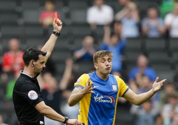 Jordan Hugill is shown a red card by ref Andrew Madley
