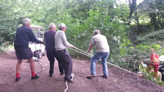 A man had to be rescued from a golf buggy after it drove into a ditch at Ingol Golf Club