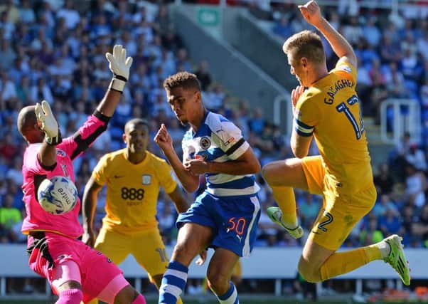 Paul Gallagher sees a shot blocked in PNE's defeat at Reading