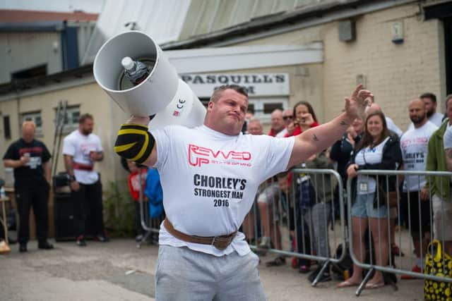 Chorley Strongest Man competition 2016.
Overall Winner Open bodyweight: Tom Linklater presses a Giant 80KG over head.
MUST CREDIT: A Wade Photography