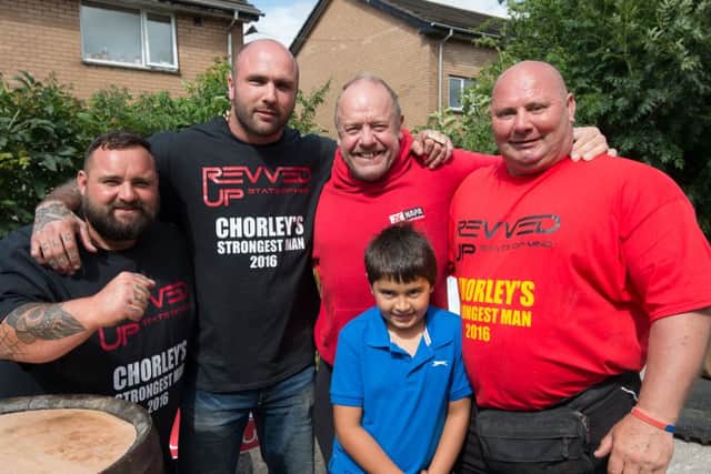 Chorley Strongest Man competition 2016.
Organisers Damian Fairbrother, Mike Bromilow. Gym Owner Gordon Pasquill, and Guest Referee Dave Beatie Powerlifter (Dave Beaties Son in front) named Left to Right
MUST CREDIT: A Wade Photography