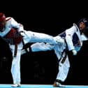 Great Britain's Jade Jones celebrates winning gold against China's Yuzhuo Hou in the womens -57kg gold medal taekwondo final.
