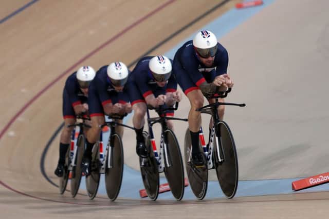 Great Britain's Ed Clancy, Steven Burke, Owain Doull and Sir Bradley Wiggins (front) during Men's Team Pursuit on the seventh day of the Rio Olympics Games, Brazil.