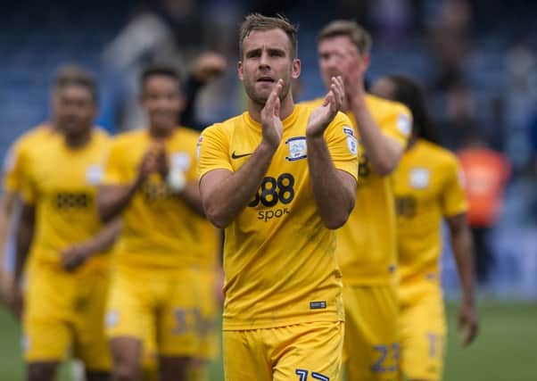 Preston North End's Tommy Spurr celebrates at the final whistle after the win over QPR.