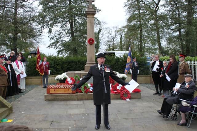 November 11 Remembrance Day service at  the Barton, Bilsborrow  and Myerscough War Memorial, Retired Colonel John Bird addresses  a crowd of some 300 people who came to pay tribute.