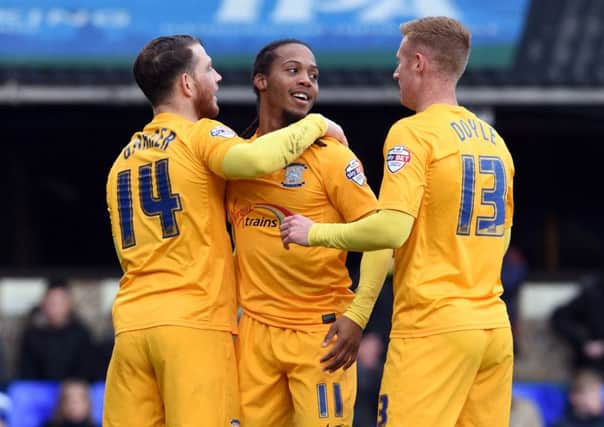 Daniel Johnson is congratulated on his goal at Ipswich.