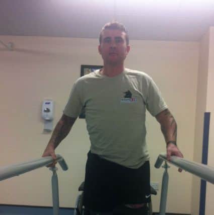 Stuart Robinson, 34, who is going to Rio de Janeiro as part of the Paralympic Inspiration Programme thanks to the charity Help For Heroes.
Stuart lost both his legs when serving with the RAF in Afghanistan in 2013.
Stuart when learning to walk with his prosthetic legs