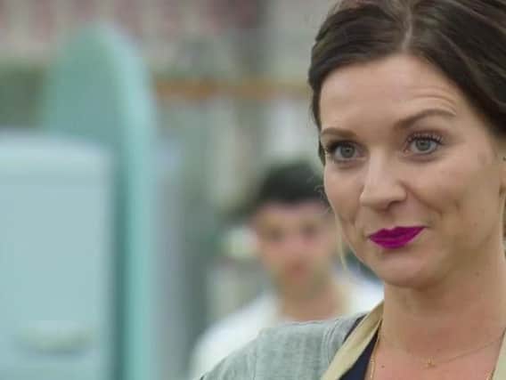Candice Brown, 31, raises an eyebrow as Mary Berry announces that she'll eat a bit of Candice's sticky carpet